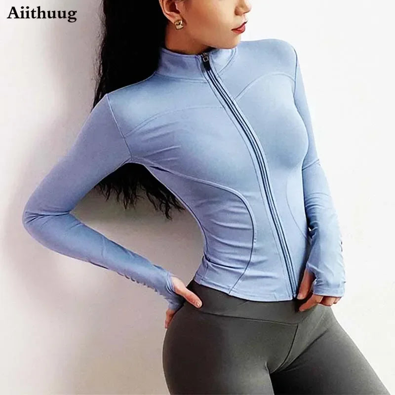 Slim Fit Lightweight Jackets With Thumb Holes Women's Full Zip-up Yoga Sports Running Jacket  For Workout
