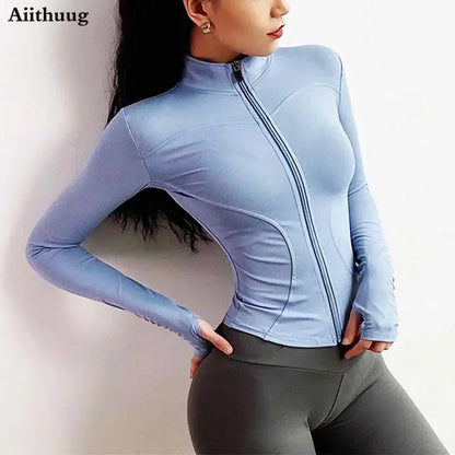 Slim Fit Lightweight Jackets With Thumb Holes Women's Full Zip-up Yoga Sports Running Jacket  For Workout