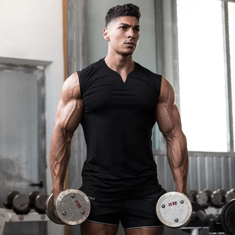 Cotton V-neck Fitness Tank Top Men Summer Muscle Vest Gym Clothing Bodybuilding Sleeveless Shirt Workout Sports Singlets
