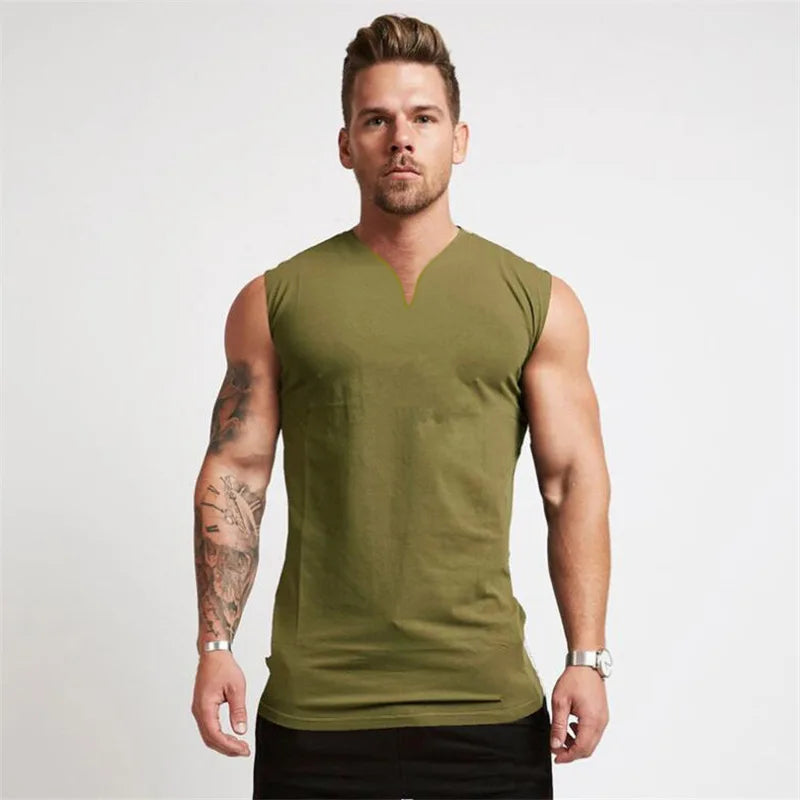 Cotton V-neck Fitness Tank Top Men Summer Muscle Vest Gym Clothing Bodybuilding Sleeveless Shirt Workout Sports Singlets