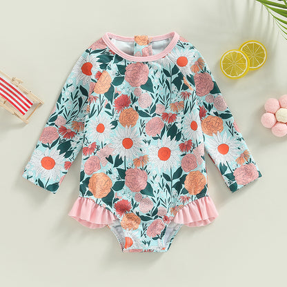0-4Y Toddler Baby Girl Swimsuit Romper 4 Colors Flower Print Long Sleeve Ruffle Bikini Bathing Suit