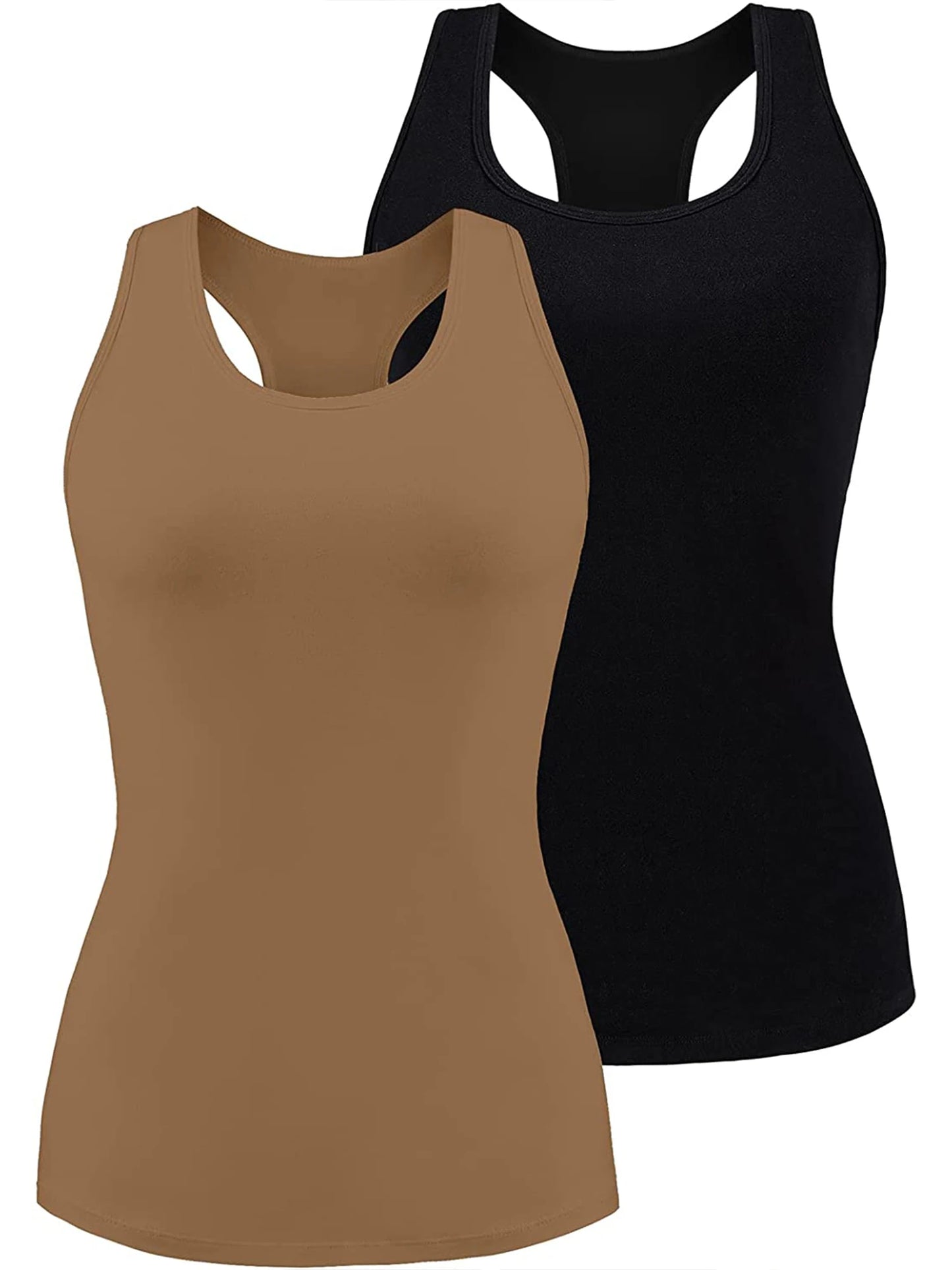 Attraco Women's Camisole 2PCS Cotton Solid with Build-in Shelf Bra Tank Tops U-Neck Soft Breathable Basic Sleepwear