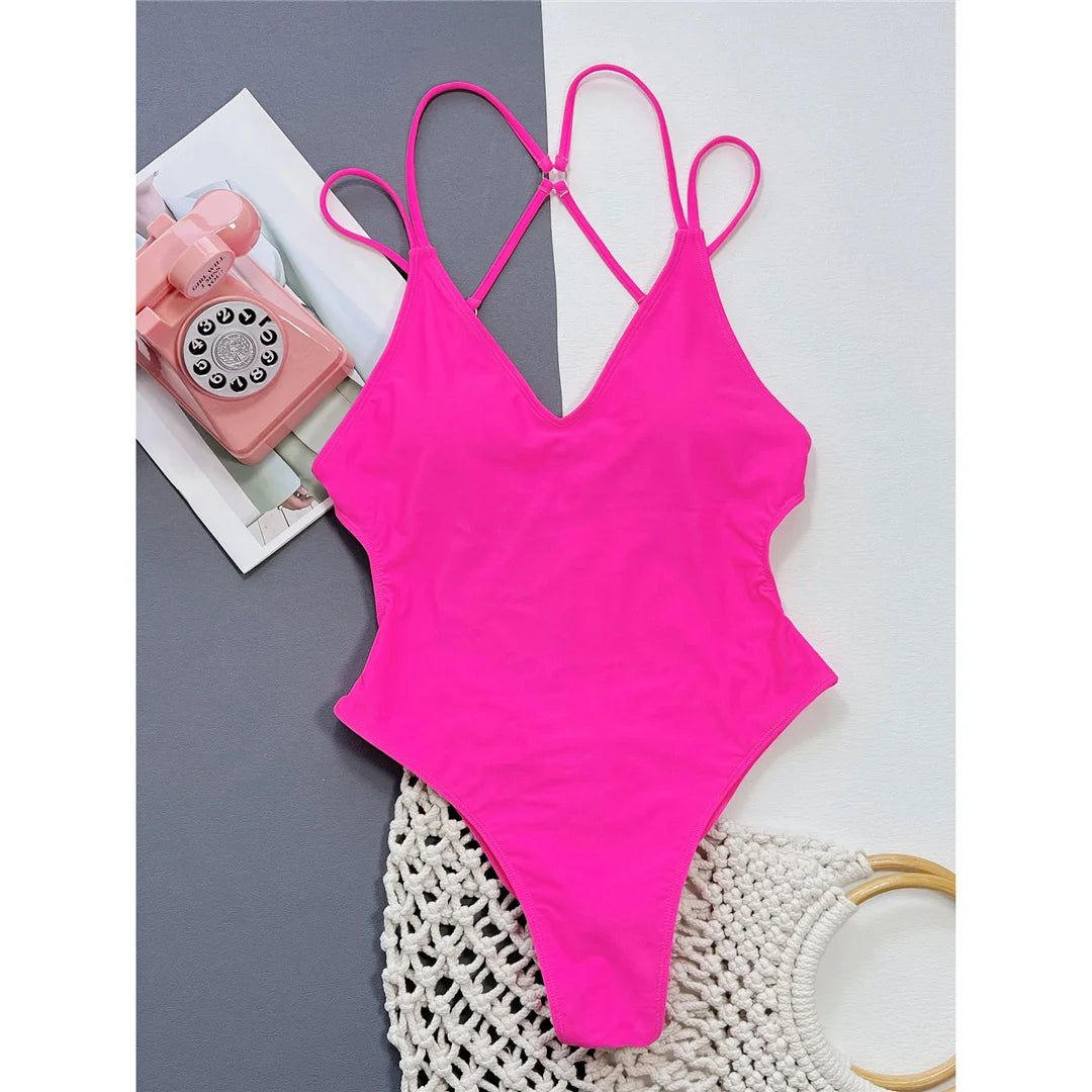 S - XL V Neck Cross Back Scrunch Butt Women Swimwear One Piece Swimsuit Female Monokini High Cut Bather Bathing Suit Swim V4550