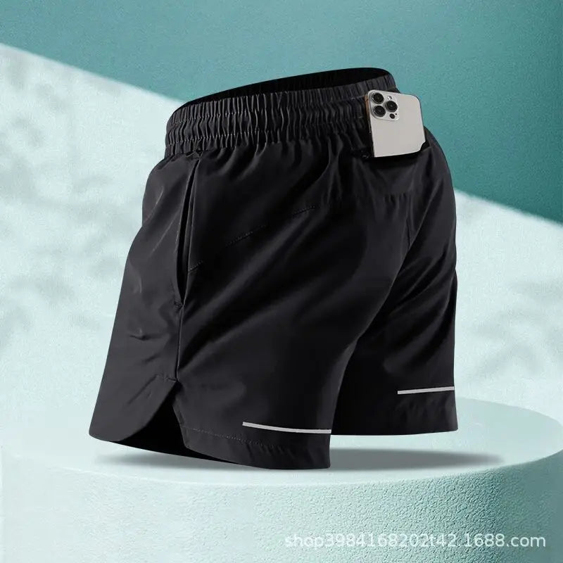 Mens Ice Silk Running Shorts Quick Dry Marathon Three Quarter Length With Phone Pocket Summer Professional Sports Shorts