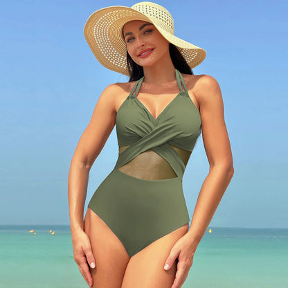 Pure Color Mesh Bikini Swimsuit One Piece Swimsuit Women's Summer
