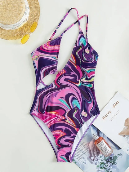 One Shoulder One Piece Ring Linked Swimsuit Women Hollow Printed Swimwear Female Bathers Bathing Swimming Suit Beachwear