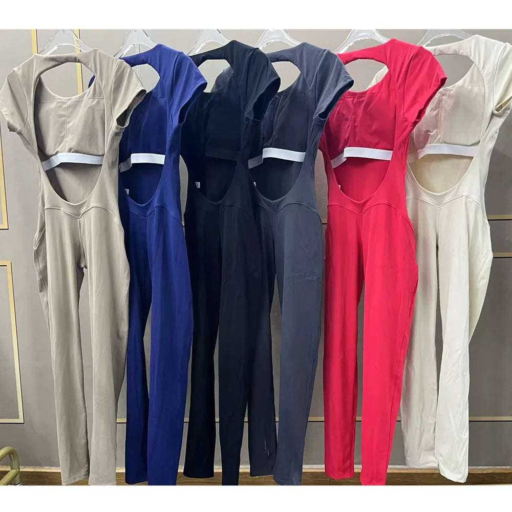 Pad Short Sleeves Suit Female One Piece Jumpsuit Yoga Set Workout Bodysuits Backless Sports Rompers Women Gym Legging