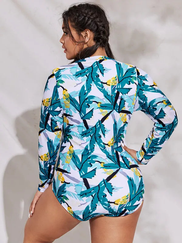 Summer Women Plus Size Large Bikini Long Sleeved Triangle Shorts Rash Guards Surfing One Piece Suit Snorkeling Swimwear