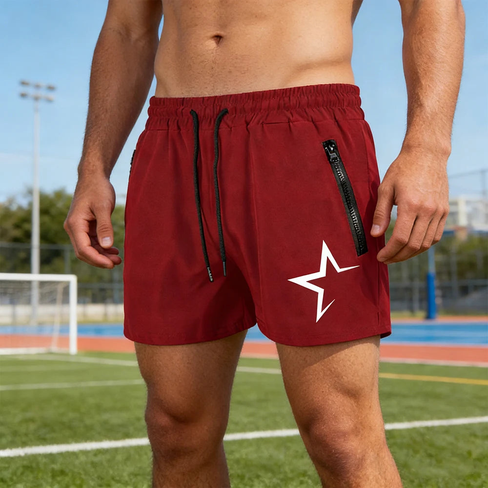 Men's Swimming Trunks with Double Zipper Pockets Summer Quick Dry Beach Shorts Star Print Gym Fitness Running Sport Shorts