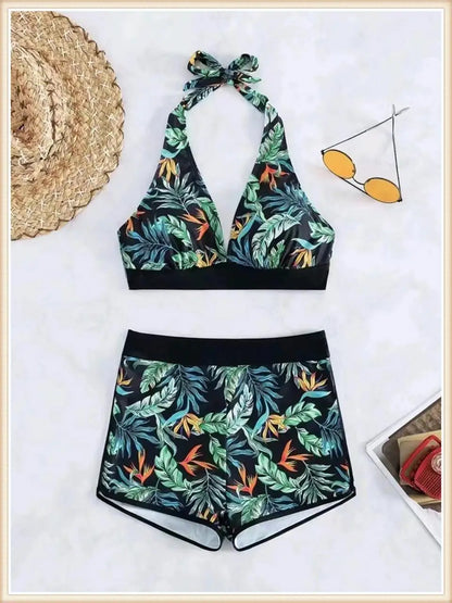 Halter Bikini Women High Waist Swimwear Female Swimsuit Leaf Printed Beachwear Bathing Swimming Suit Summer Beachwear