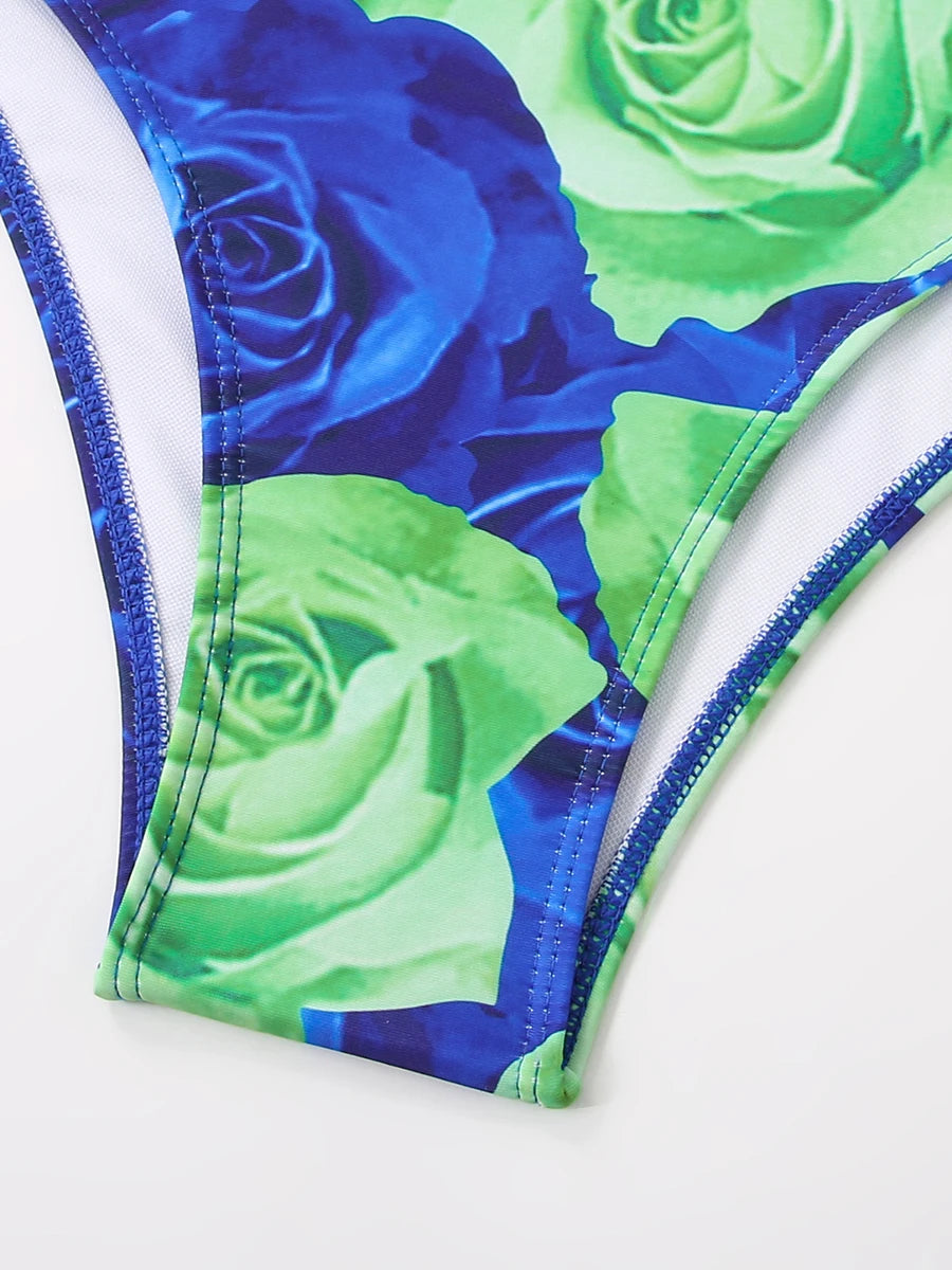 Rose Print V Neck Long Sleeve Swimsuit Women One Piece Swimwear Female Beachwear Bathers Bathing Swimming Swim Suit