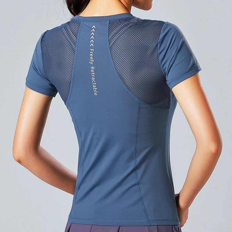 Reflective Printed Yoga Tops Women's Mesh Splicing Crew Neck High Elasticity Breathable Fitness Pilates Exercise Shirts
