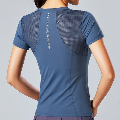 Reflective Printed Yoga Tops Women's Mesh Splicing Crew Neck High Elasticity Breathable Fitness Pilates Exercise Shirts