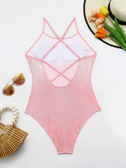 Shining Printed One Piece Strappy Swimsuit Women Cross Backless Swimwear Bodysuit Bathers Bathing Swimming Suit Beachwear