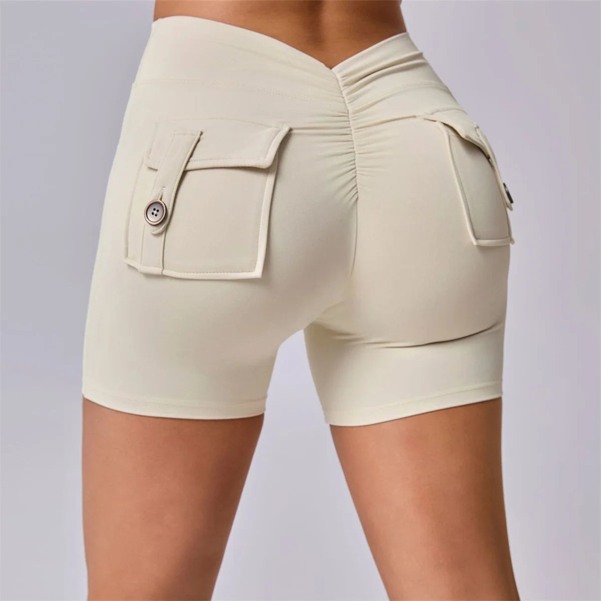 Deep V Back Yoga Shorts Women Pocket Scrunched Butt Gym Leggings High Waist Push Up Tights Booty Sports Shorts Fitness