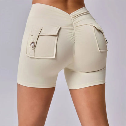 Deep V Back Yoga Shorts Women Pocket Scrunched Butt Gym Leggings High Waist Push Up Tights Booty Sports Shorts Fitness
