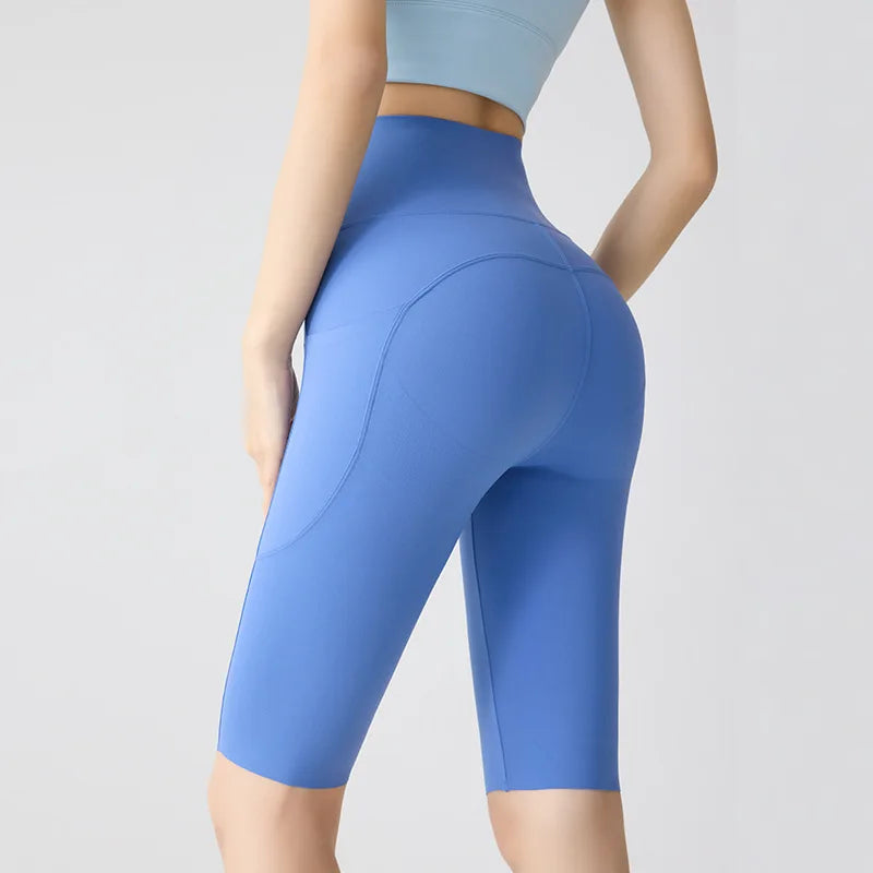 Pocket Yoga Sharkskin Bicycle Shorts Women Thin High Waist Push Up Light Feeling Sports  Fitness Cycling Shorts