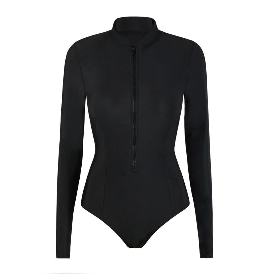 Rash Guard Swimsuit Women With Zipper Solid Long Sleeve Surfing Swimwear Female Bather Bathing Swimming Suit Beachwear