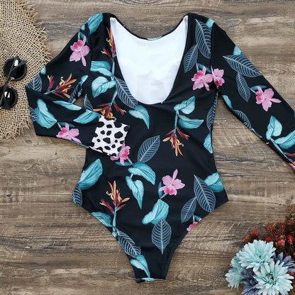 Surfing Sport Long Sleeves Swimsuit For Women Floral Printed High Quality Swimwear Patchwork Bathing Suit Tropical Summer