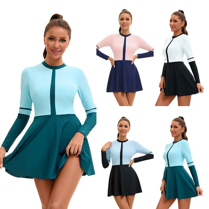 Rash Guard With Skirt Color Block Long Sleeve Swim Dress Set - Women's Modest Zippered Swimsuit with UPF Protection & Triangle Bottom Swimwear