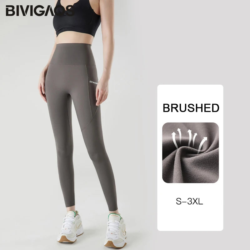 Pocket Brushed Shark Leggings Women Autumn Light Fleece Phone Leggings Slim Tight-Fit Sports Yoga Fitness Leggings