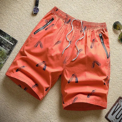 Cotton Shorts Men Breathable Thin Feather Print Pocket Elastic Waist Korean Loose Casual Sports Beach Short Pants 5XL