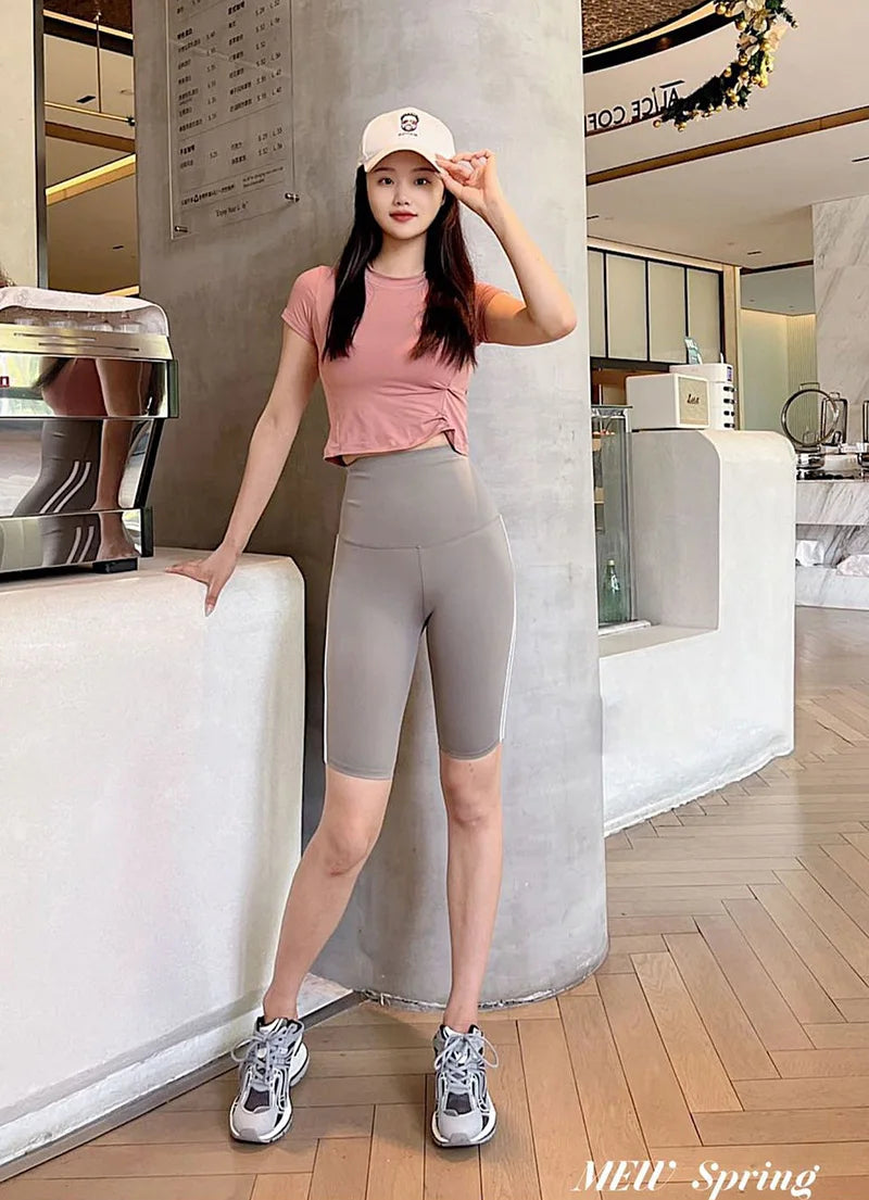 Women Shark Running Short Leggings Summer Side Stripe Sports Biker Shorts High Waist Skinny Seamless Bicycle Shorts