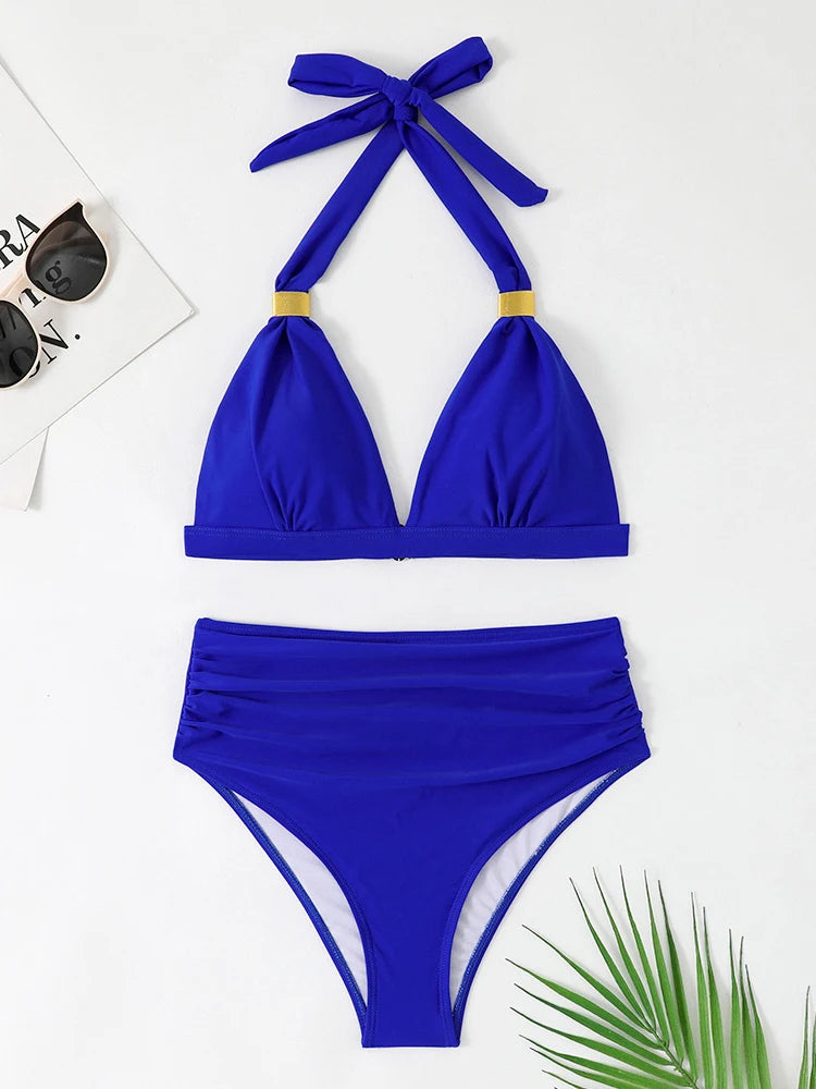 Solid Bathing Suit Women Two-piece High Waisted Chic Split Swimsuit Neck-mounted Low Cut Backless Beachwear Summer New
