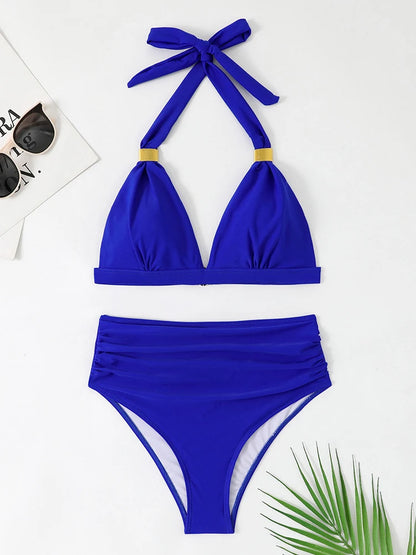 Solid Bathing Suit Women Two-piece High Waisted Chic Split Swimsuit Neck-mounted Low Cut Backless Beachwear Summer New