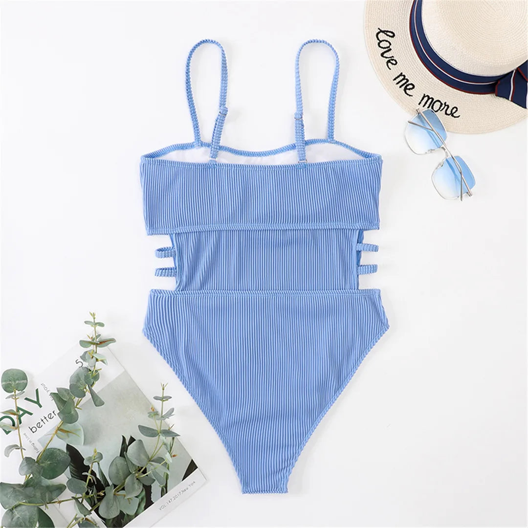 S - XL 11 Colors Ribbed Cut Out One Piece Swimsuit Women Swimwear Female High Leg Cut Padded Bather Bathing Suit Swim Lady