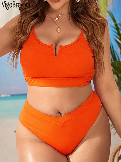 Solid Strapped 2 Piece Plus Size Bikini Set Women High Waist Curvy Swimsuit Lady Push Up Beach Big Bathing Suit