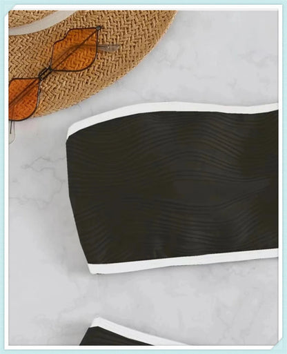 Bandeau High Waist Bikini Women Triangle Swimsuit Stitch Detail Swimwear Padded Bathing Suit Female Solid Beachwear