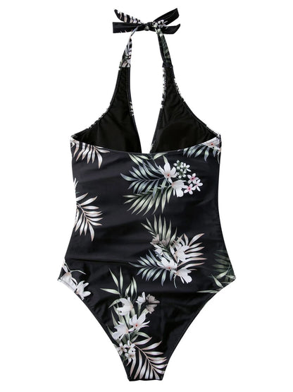 Halter Swimsuit Women One Piece Printed Cross Smocked Swimwear Female Bodysuit Bathing Swimming Suit Padded Beachwear