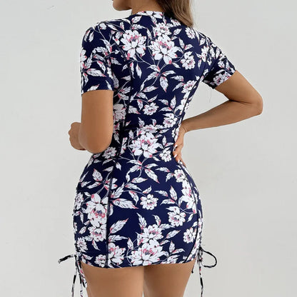 Floral Women Swimsuits Sun Protection Female Short Sleeves Swimwear Surfing Sports Pool Beachwear Two-Piece Bathing Suits