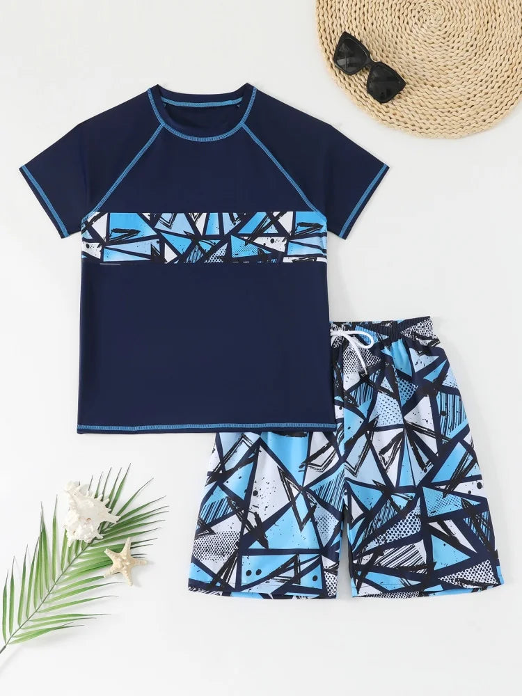 Teen Boys' Blue Geometric Short-Sleeve Rash Guard Set with Shorts