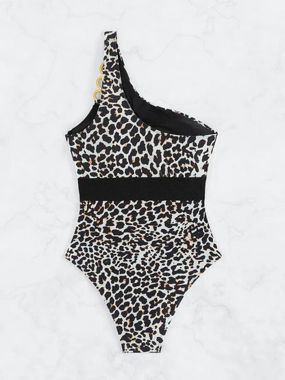 One Shoulder Leopard Swimsuit Women One Piece Ring Linked Swimwear Female Hollow Bodysuit Bathing Swimming Suit Beachwear