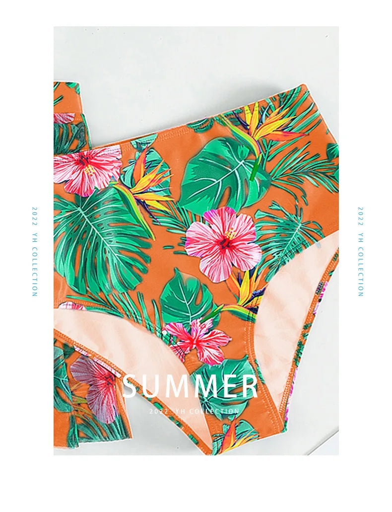 Cikini-Women's Tropical Print Push Up Bikinis Set, Swimsuit with Beach Skirt, Swimwear, Summer Bathing Suit