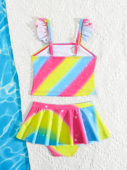 Bikini Girls Kids Swimsuit Rainbow Strips Ruffle Sling Children Swimwear Summing Bikinis Short Skirt Beach Bathing Suit