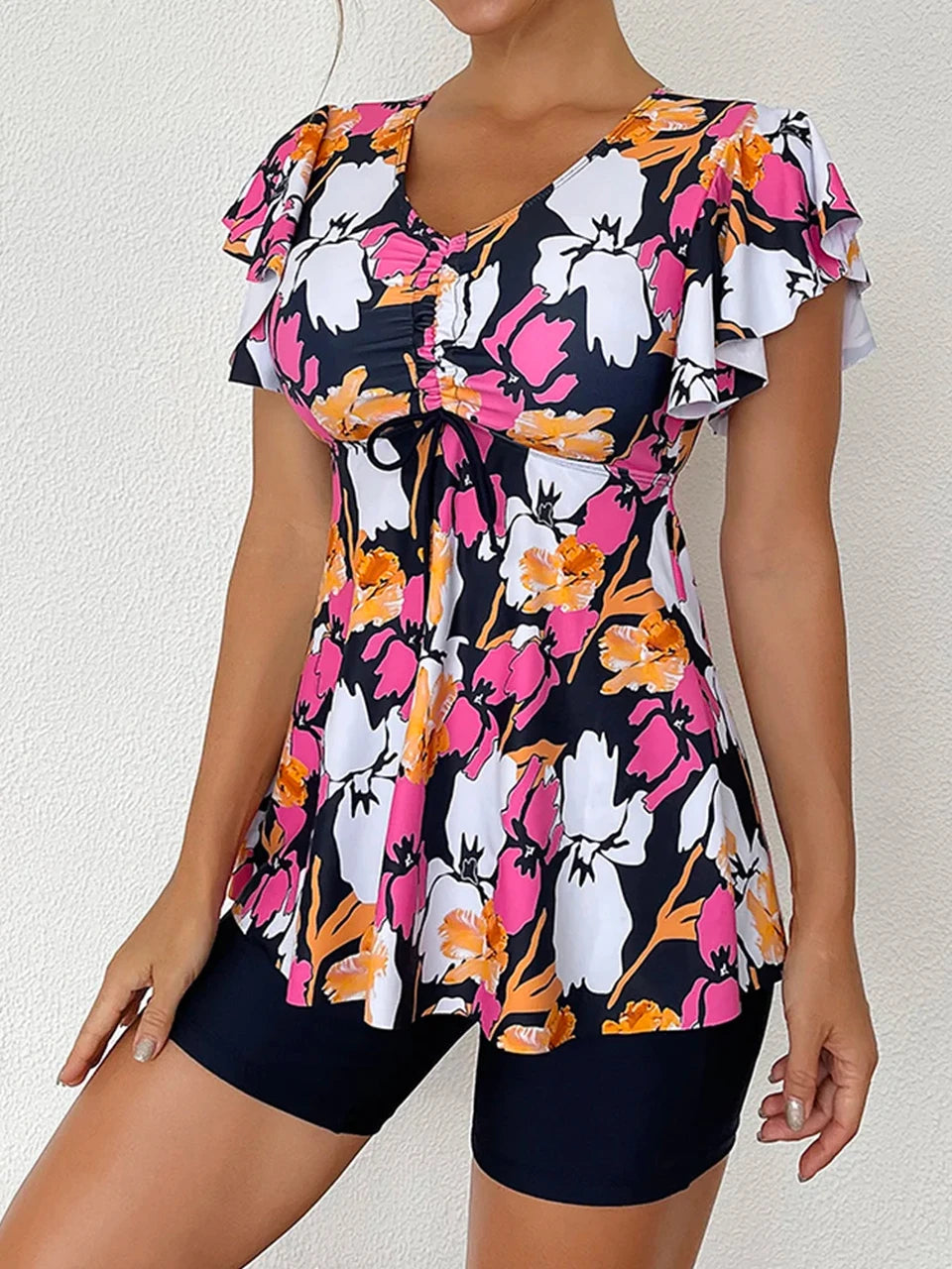 Drawstring Front Tankini Set Skirt Women High Waist Swimsuit Summer Beachwear Female Bathers Bathing Swimming Swim Suit