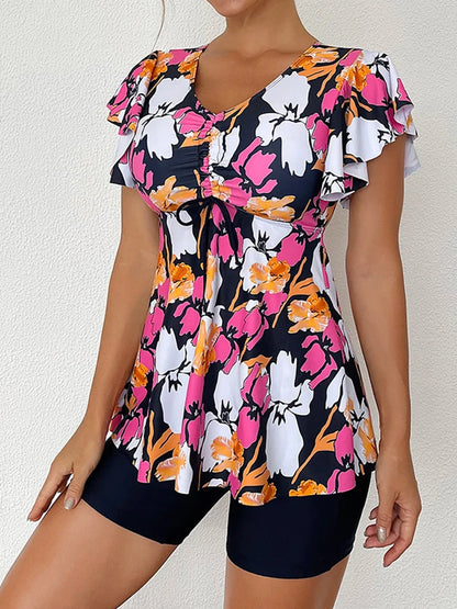 Drawstring Front Tankini Set Skirt Women High Waist Swimsuit Summer Beachwear Female Bathers Bathing Swimming Swim Suit