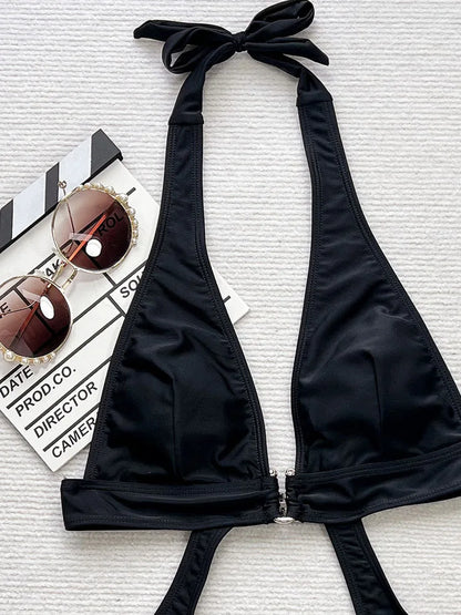 Solid Hollow Swimwear Women Halter Push Up One Piece Swimsuit Monokini Brazilian Summer Beach Bathing Suit