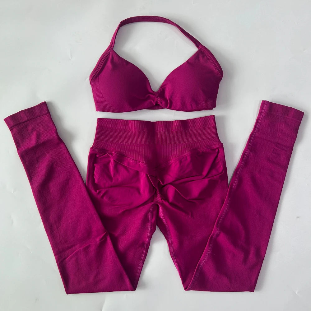 2 Pieces Set For Woman Strappy Yoga Bra Sports Top Workout Leggings Set Seamless Gym Set Fitness Clothes Outfit Activewear