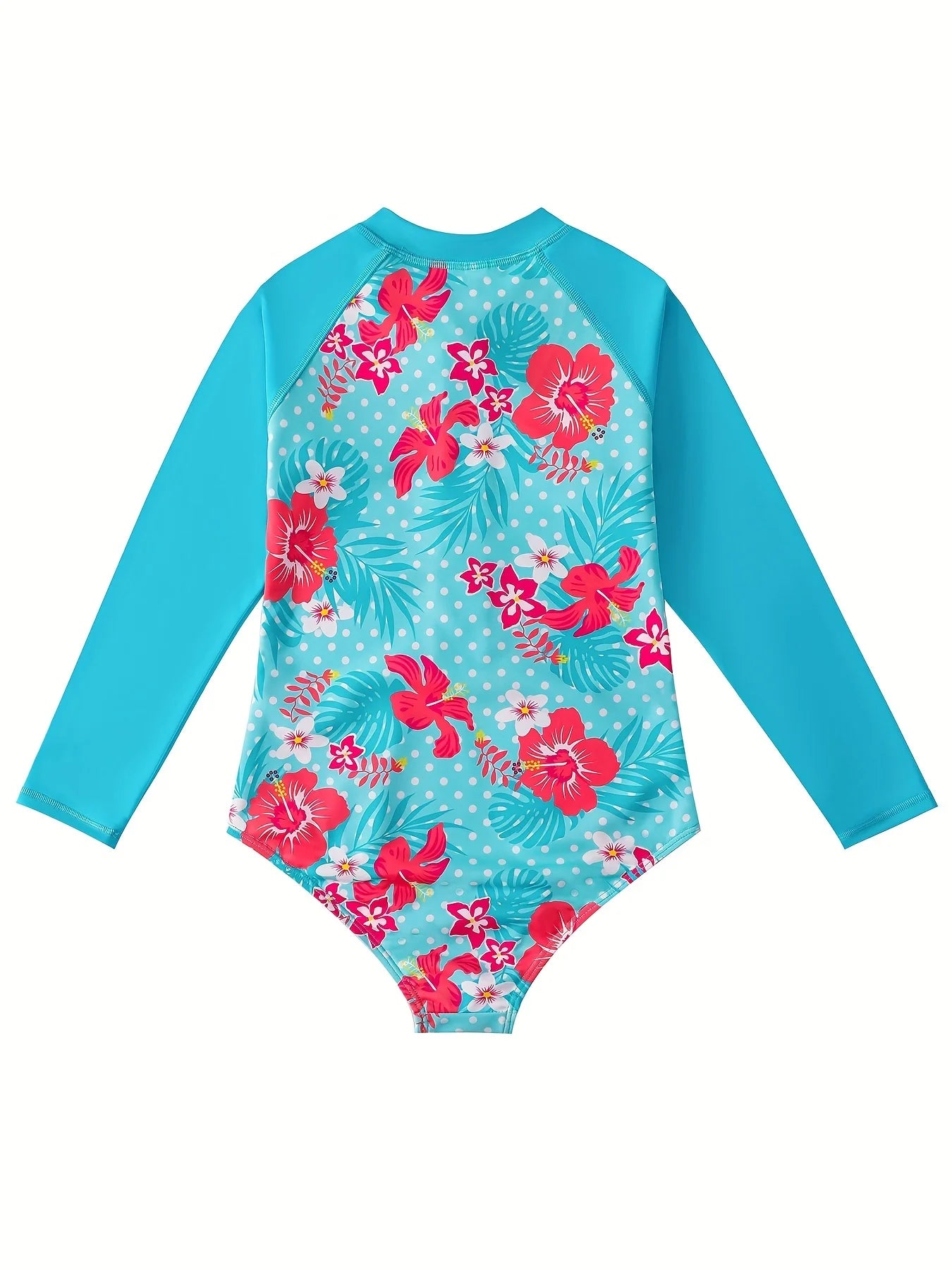 Blue Swimwear Kids Girl Long Sleeve Swimming Suit Tropical Plants Floral Print Swimsuit Bikini-Cut Bottom Hot Summer Beach Water