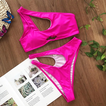 Solid color swimsuit irregular diagonal shoulder  bikini Swimwear Beach Bathing Suits