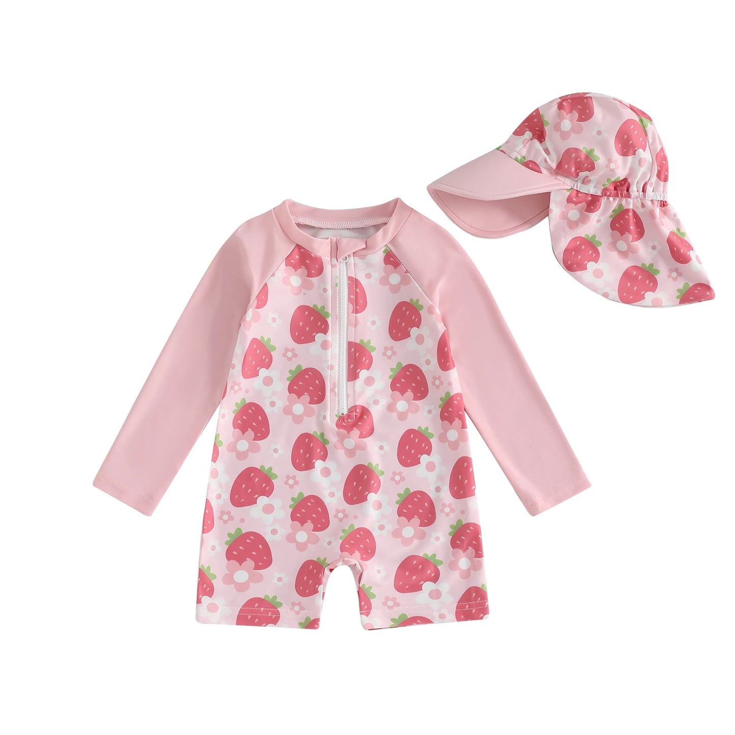 Toddler Girl Long Sleeve Swimsuit Floral/Bow/Strawberry Print Half Zipper Non-Pilling Rash Guard Swimwear Sunhat Set