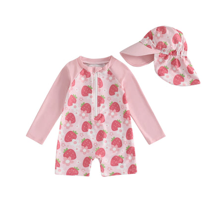 Toddler Girl Long Sleeve Swimsuit Floral/Bow/Strawberry Print Half Zipper Non-Pilling Rash Guard Swimwear Sunhat Set