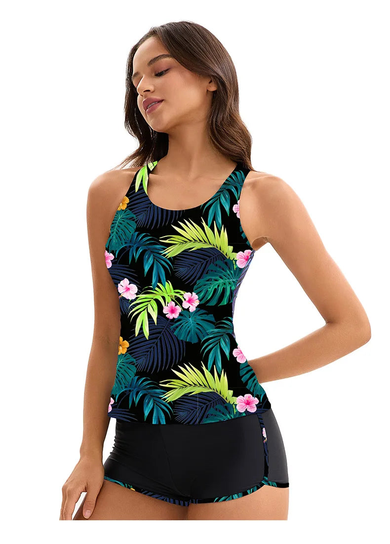 Women's Tankini Swimsuits Tummy Control Ruched Two Piece Bathing Suit Round Neck Sleeveless Swimwear with Shorts