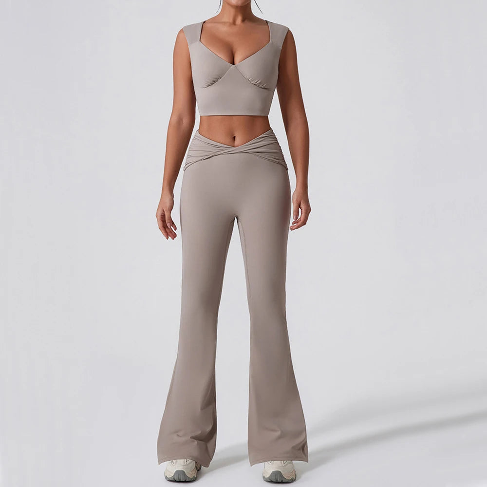 2PCS Women Yoga Set Workout Pant Outfits Fitness Sportswear Gym High Waist Flare Leggings Sports Bra Athletic Tracksuit