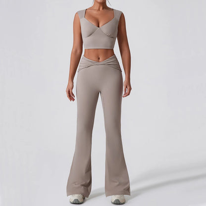 2PCS Women Yoga Set Workout Pant Outfits Fitness Sportswear Gym High Waist Flare Leggings Sports Bra Athletic Tracksuit