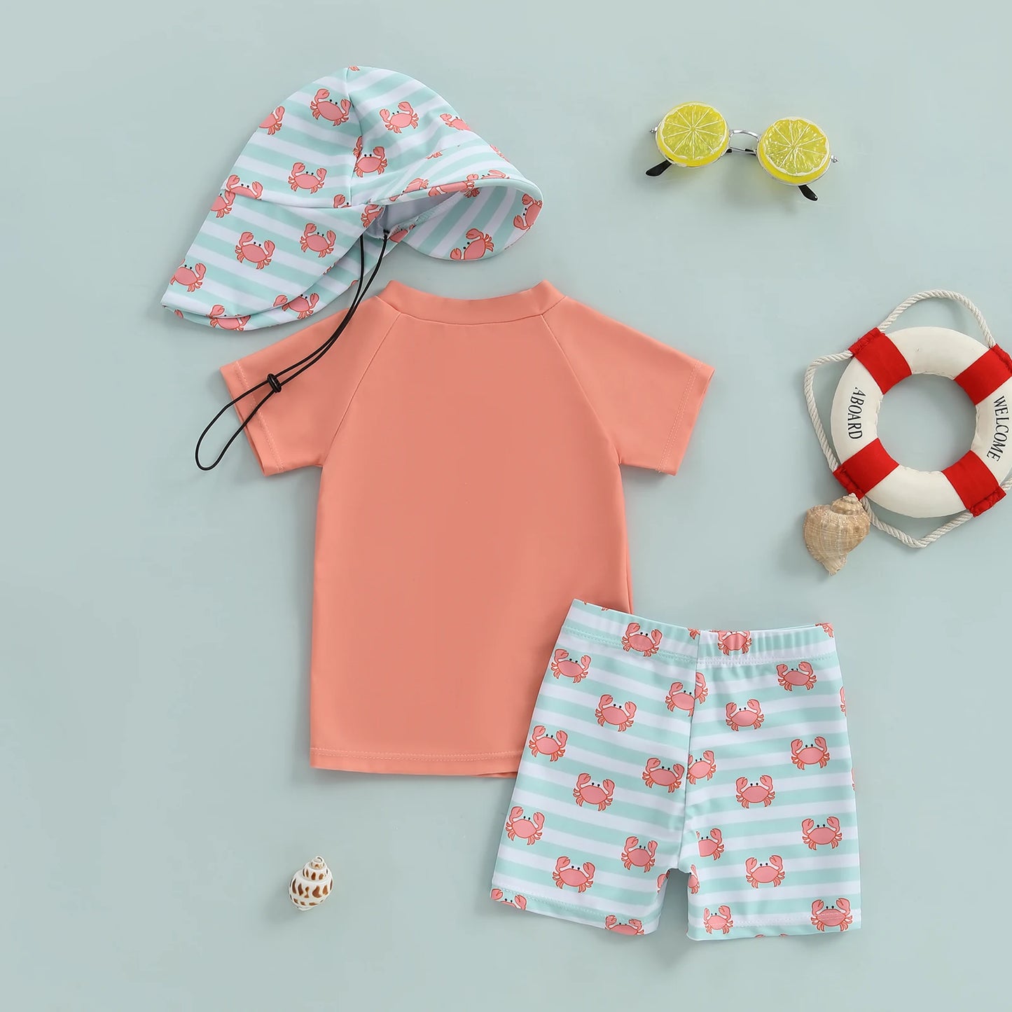 Infant Baby Boys 3 Piece Swimsuit Suit Summer Toddler Rash Guard Short Sleeve Tops Turtle Print Swim Trunks Cap Kid Bathing Suit